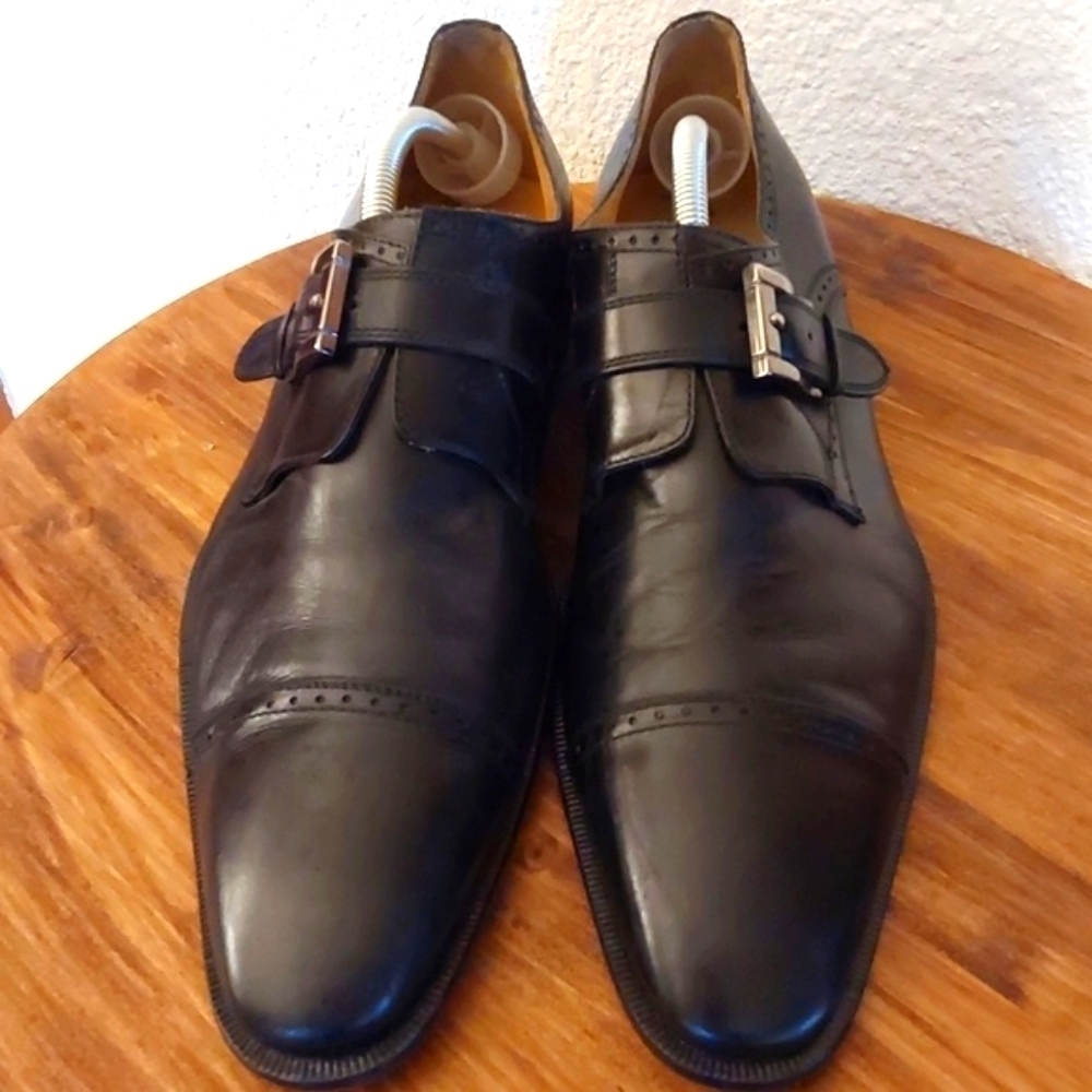 John Nordstrom| Mens Black Italian Leather Buckle Slip on Dress Shoes Sz.10M